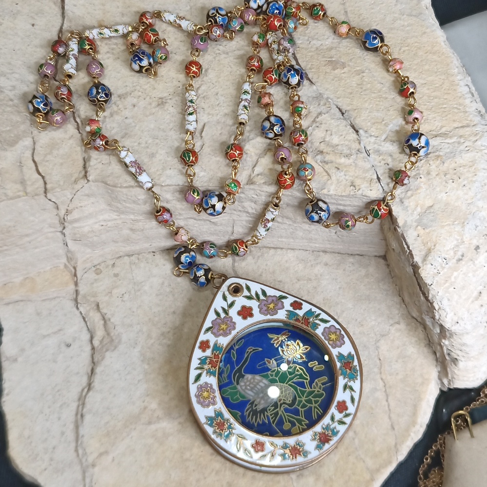 Vintage CLOISONNÉ Enamel Hand Crafted Necklace Beads Magnifying Glass